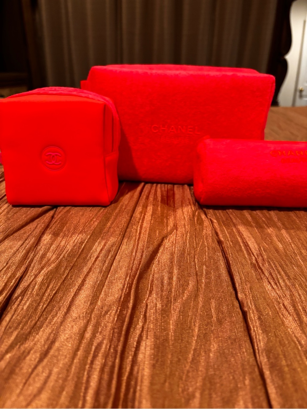 CHANEL Vibrant Neon Pink/Orange Cosmetic Pouch Set